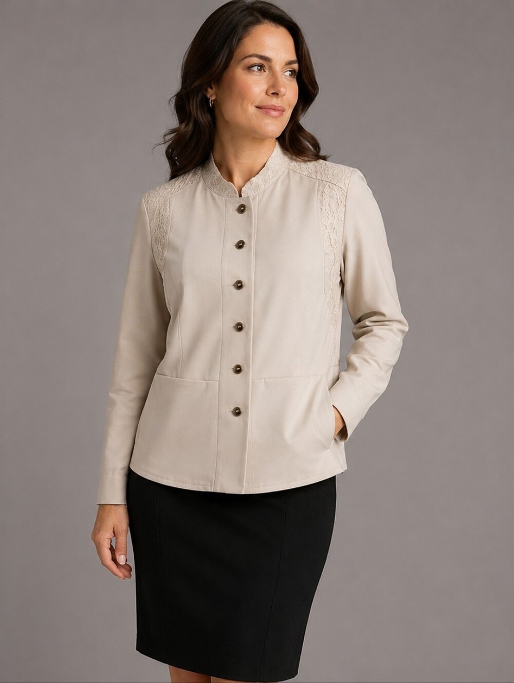Logo by Lori Goldstein  Ponte Knit Lace Trim Mandarin Collar Jacket Sz Lg Ivory
